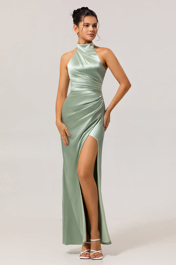 Sage Green Sheath Satin High Neck Backless Long Bridesmaid Dress with Side Slit